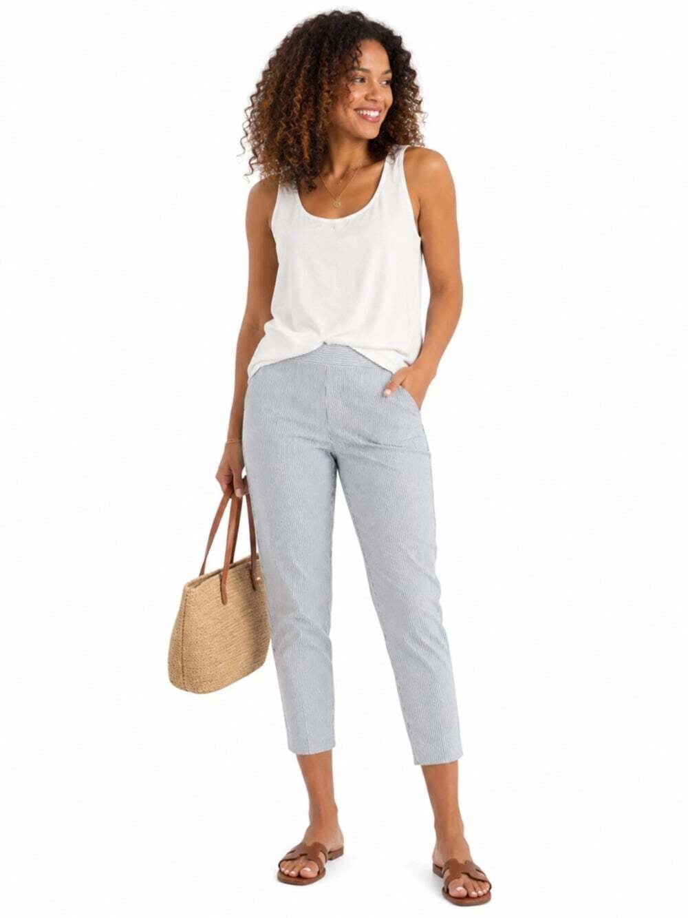 Talbots Pinstripe Cropped Pants 10P White Blue Cotton Stretch Petite Ankle Pant